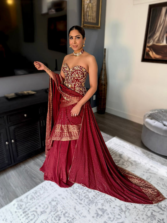 Zarmina | Maroon Layered Lengha