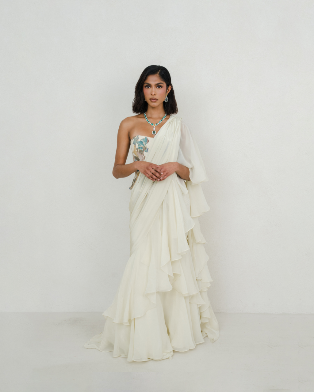 Shweta | Creme Pre-Draped Saree with Corset