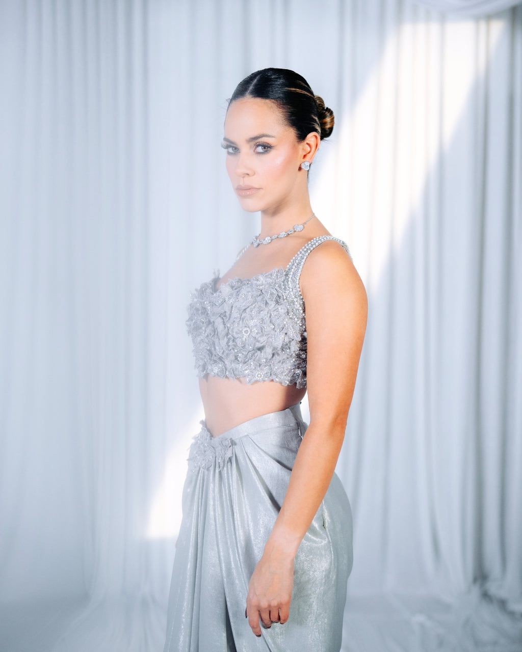 Lustre | Silver Draped Skirt & Crop Top Set