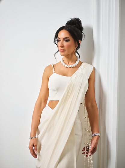 Anha | White Pre-Pleated Dhoti Saree