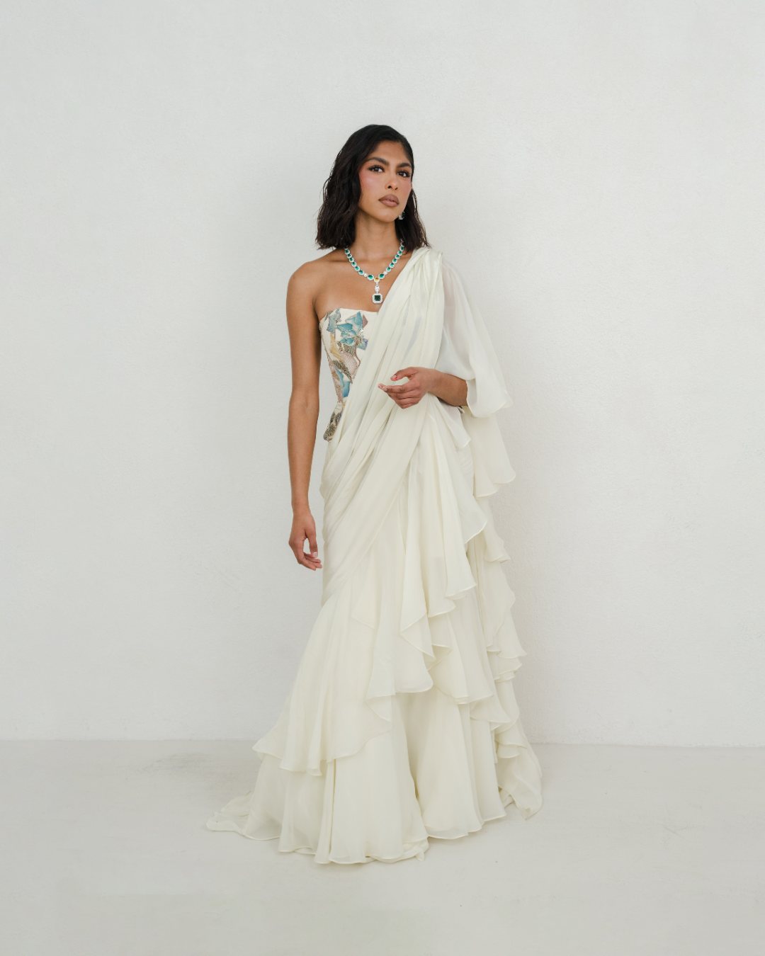 Shweta | Creme Pre-Draped Saree with Corset