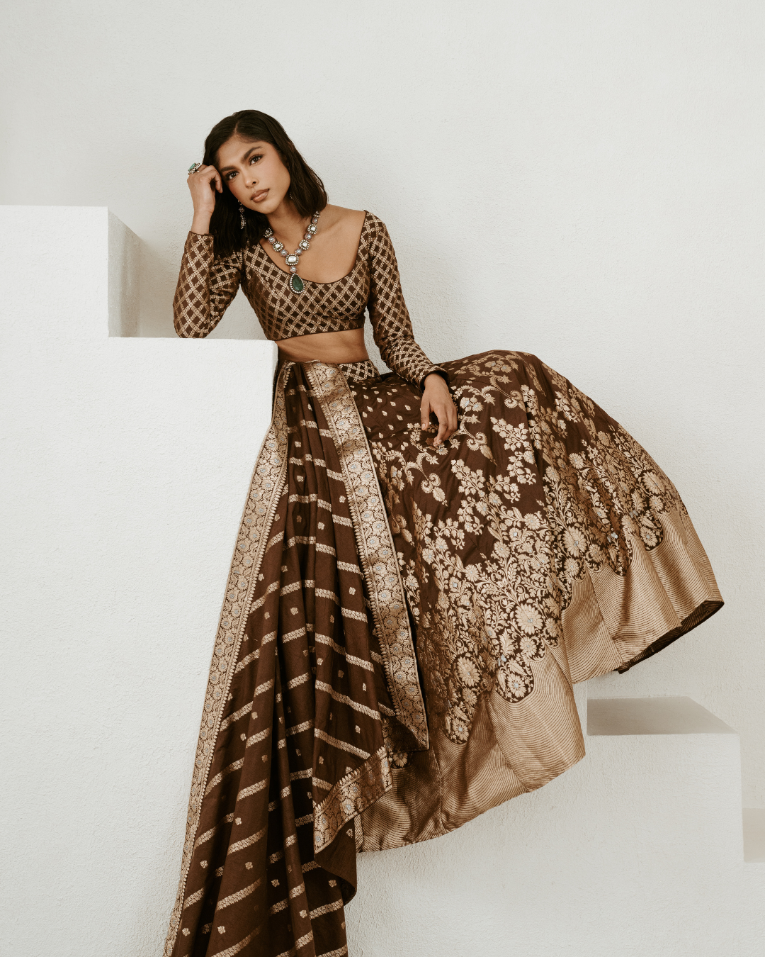 Kashi | Brown Banarasi Lengha