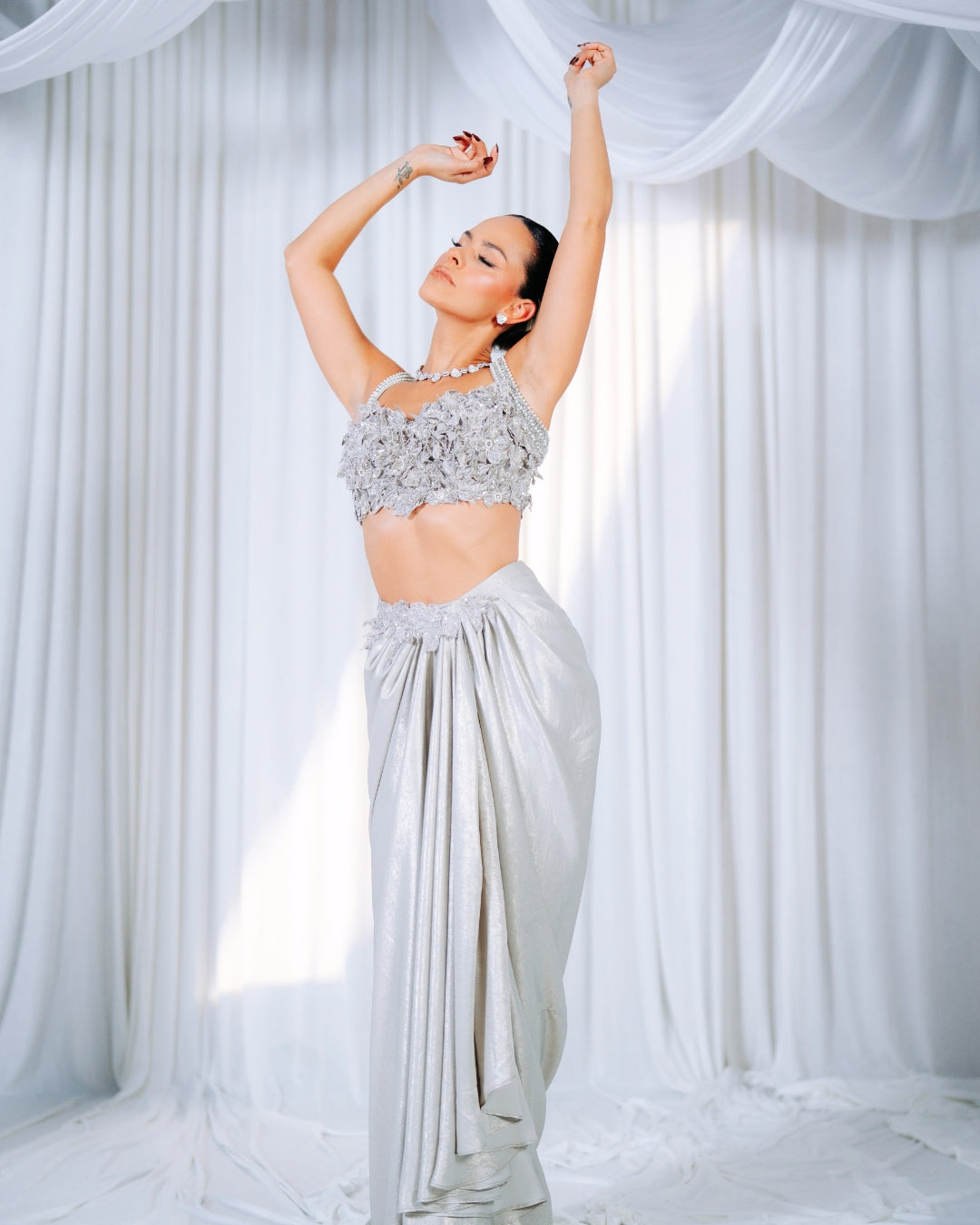 Lustre | Silver Draped Skirt & Crop Top Set