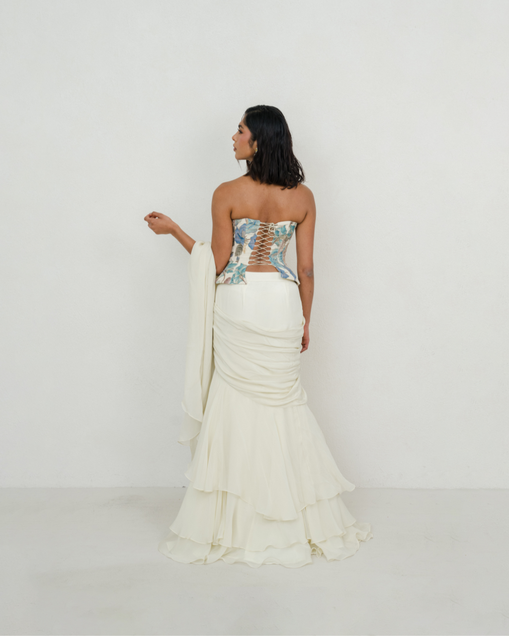 Shweta | Creme Pre-Draped Saree with Corset
