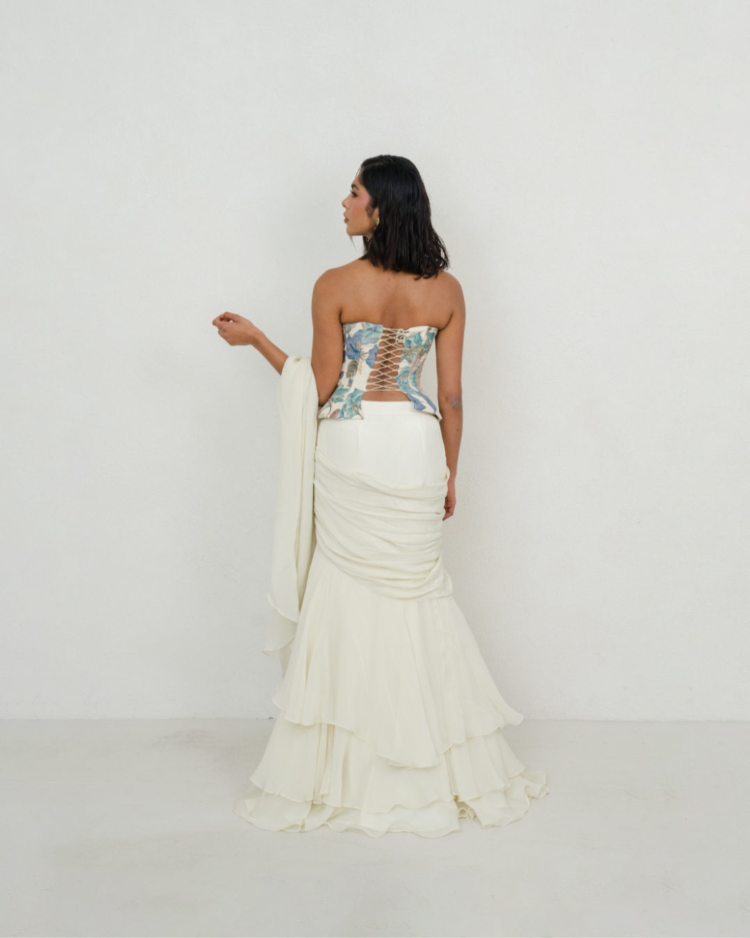Shweta | Creme Pre-Draped Saree with Corset