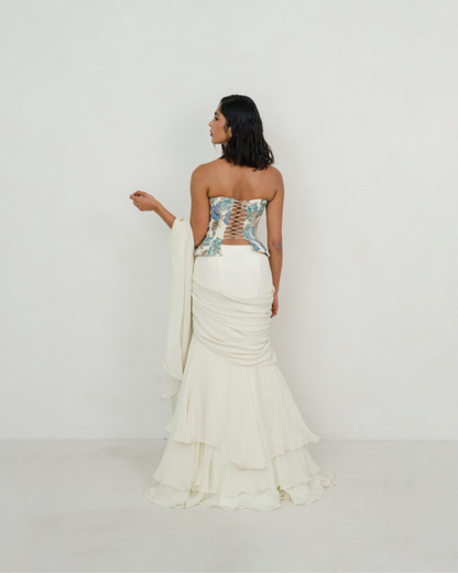 Shweta | Creme Pre-Draped Saree with Corset