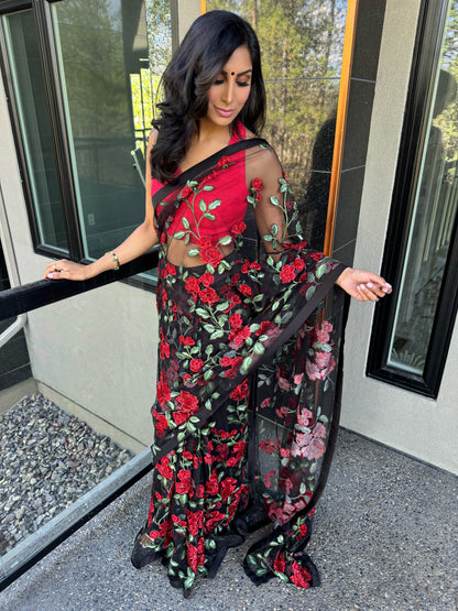 Rouge | Red and Black Floral Saree