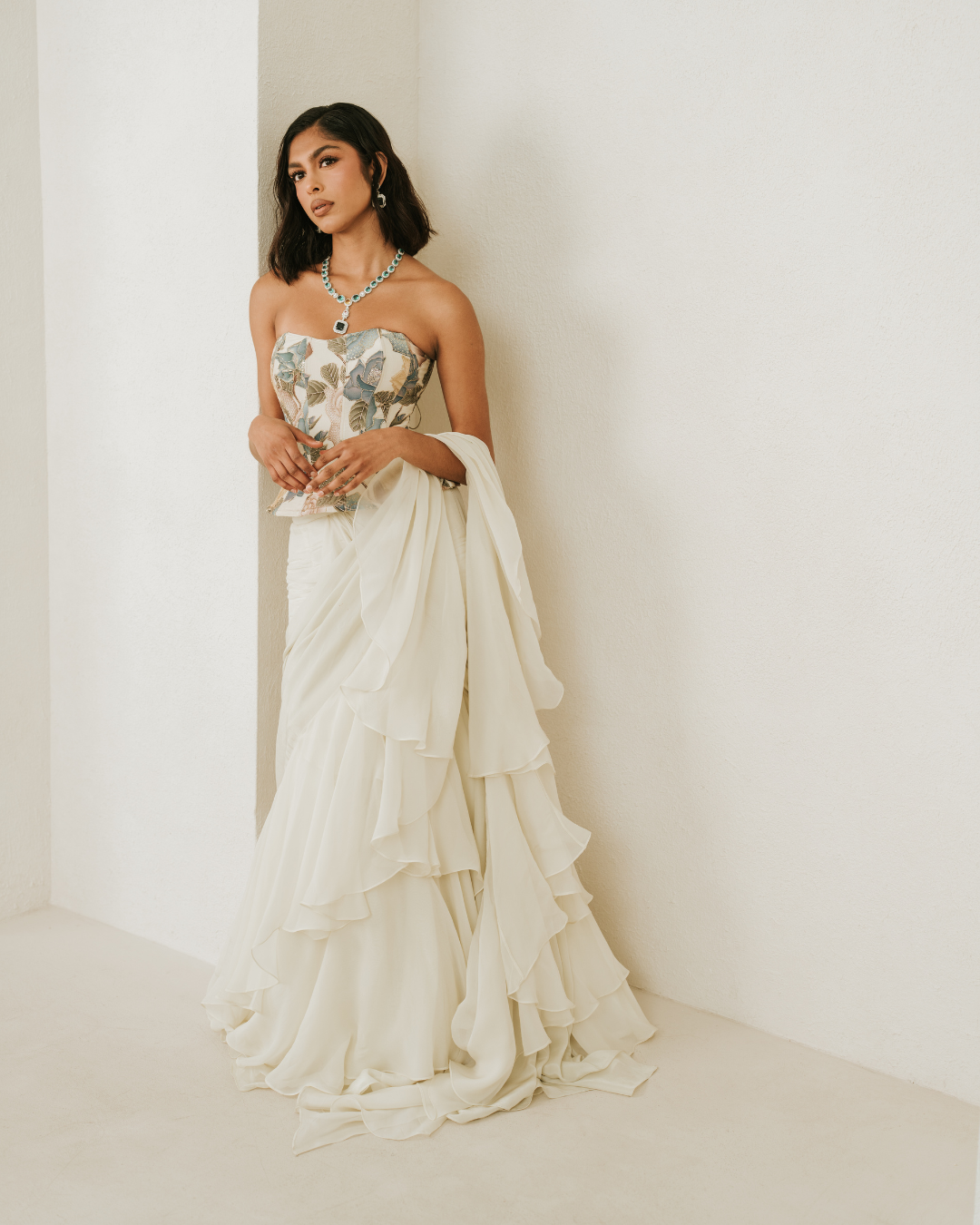 Shweta | Creme Pre-Draped Saree with Corset