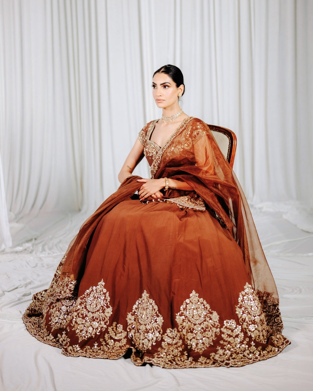 Brown Lengha | Hand Embroidered Lengha