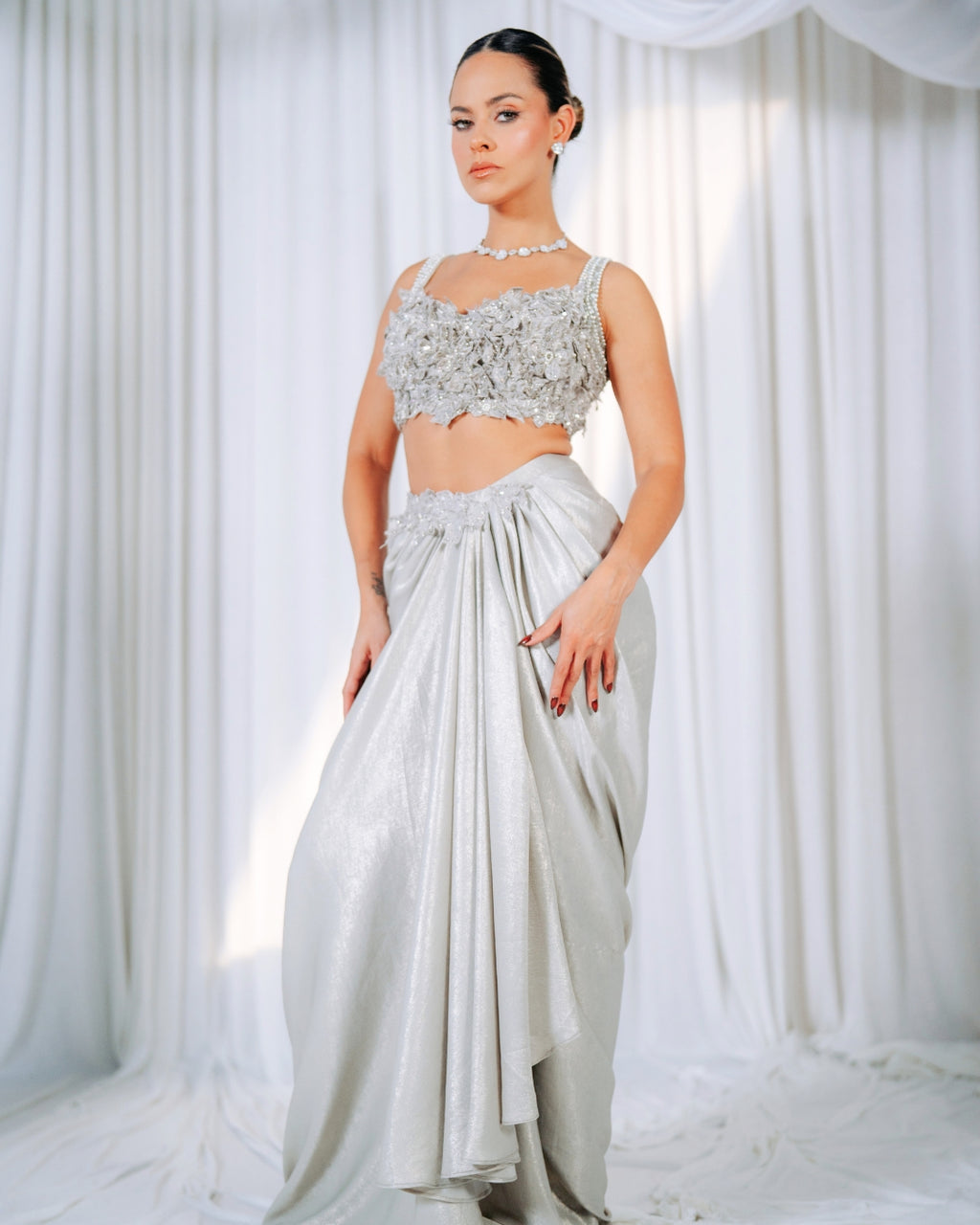 Lustre | Silver Draped Skirt & Crop Top Set