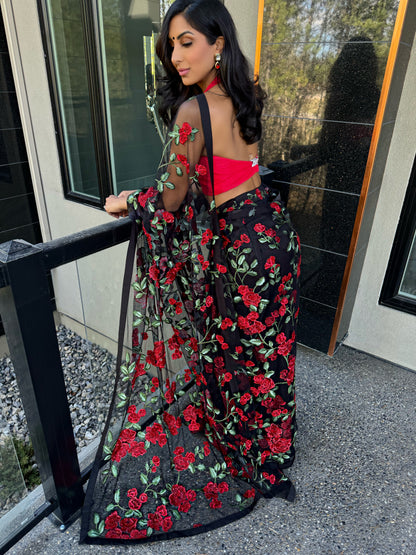 Rouge | Red and Black Floral Saree