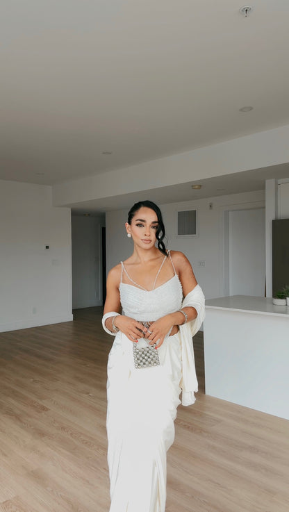 Moonlit Fringe | White Pre-Pleated Saree