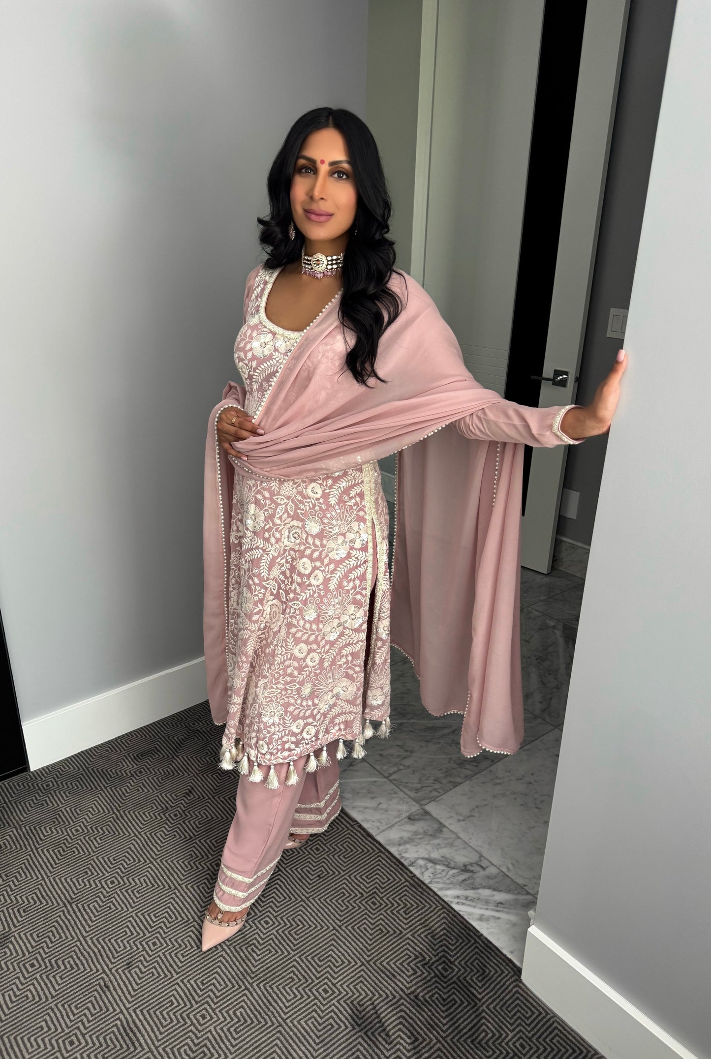 Pearl Rose | Dusty Pink A-Line Anarkali with Pants