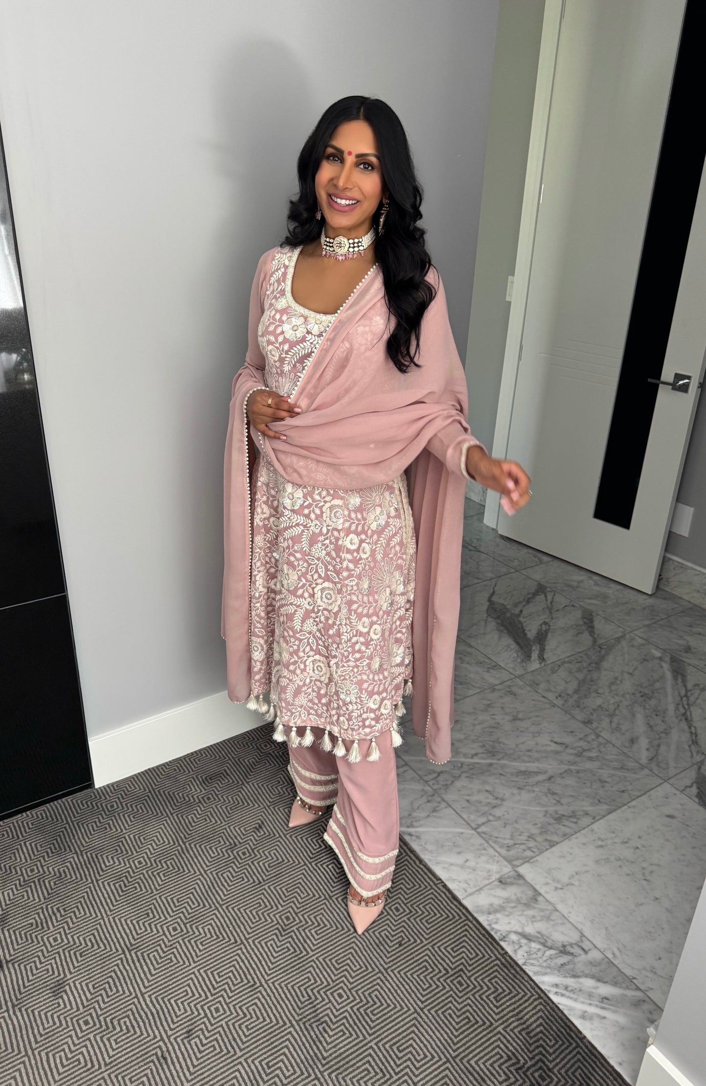 Pearl Rose | Dusty Pink A-Line Anarkali with Pants