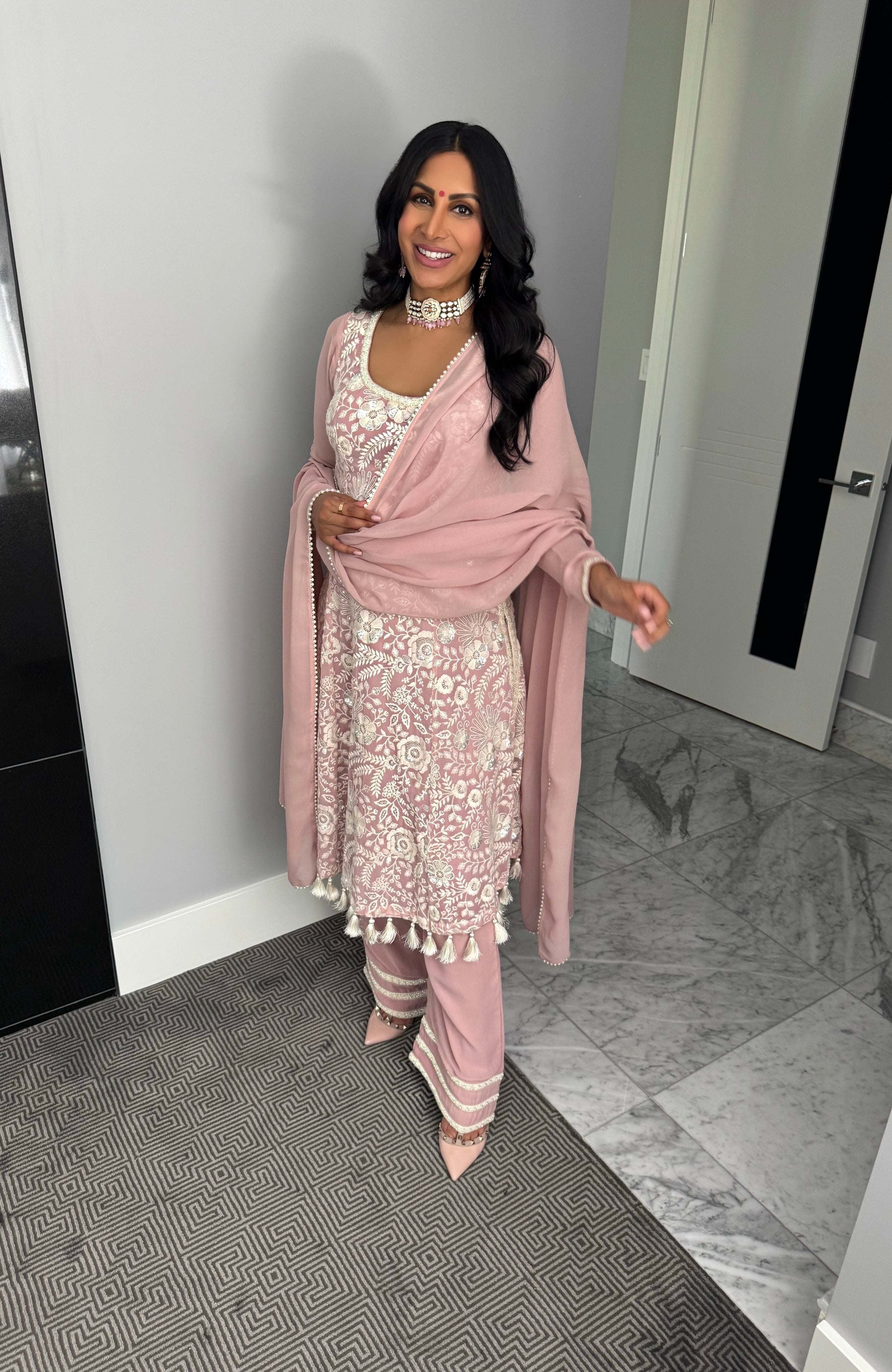 Pearl Rose | Dusty Pink A-Line Anarkali with Pants
