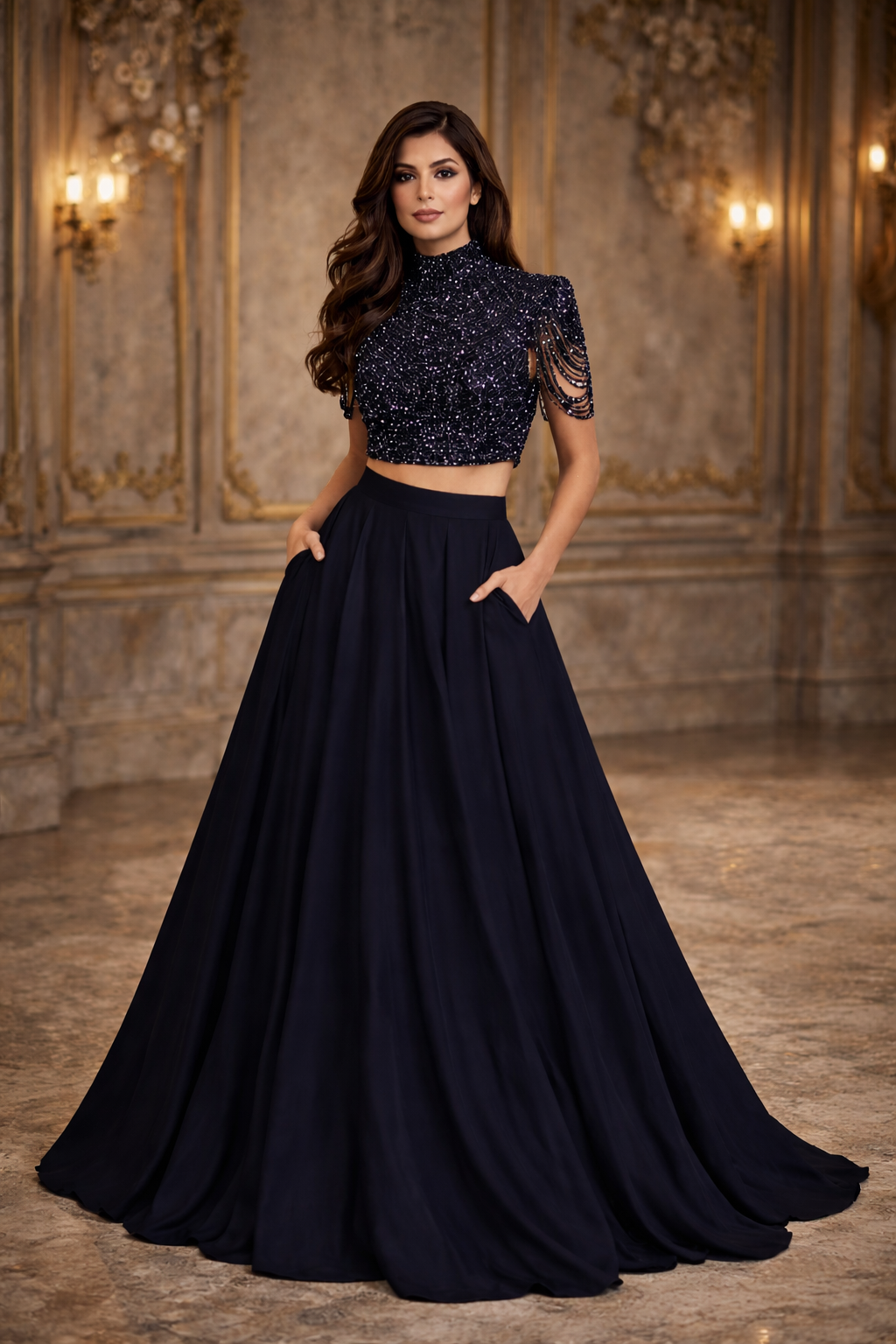Dara | Navy Blue Backless High Neck Lengha