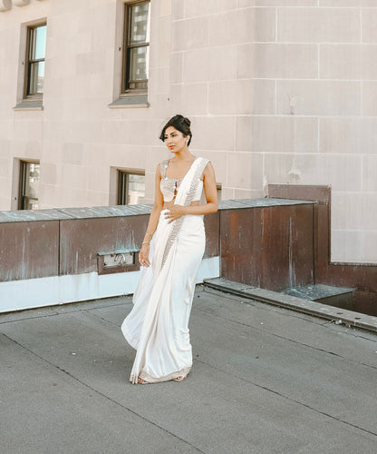 Zarika | White Pre-Pleated Saree