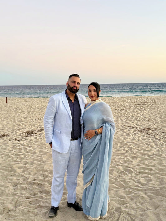 Azure | Blue Linen Pre-Pleated Saree with Pearl Work