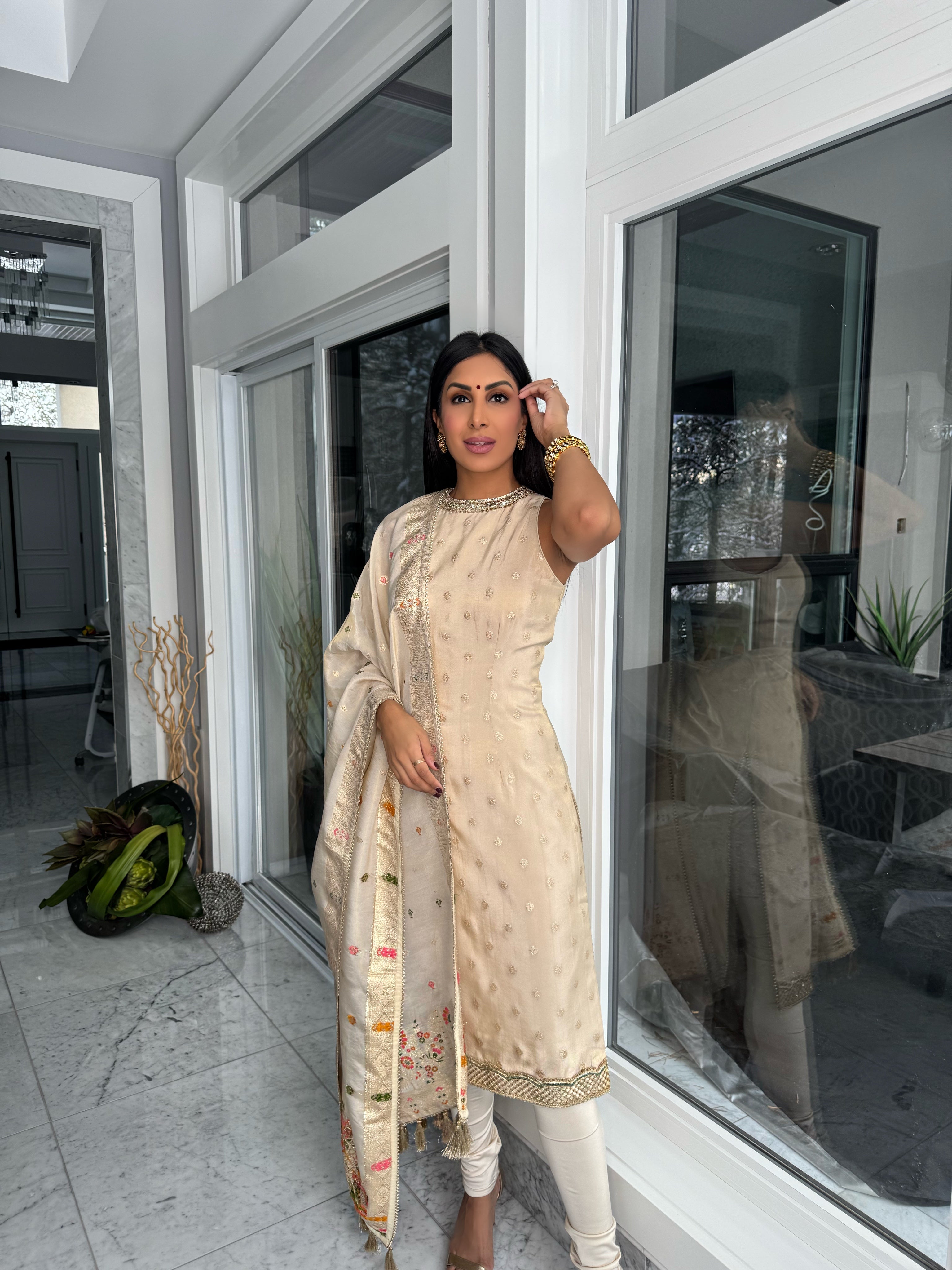 Gurnaz | Cream Pajami Suit