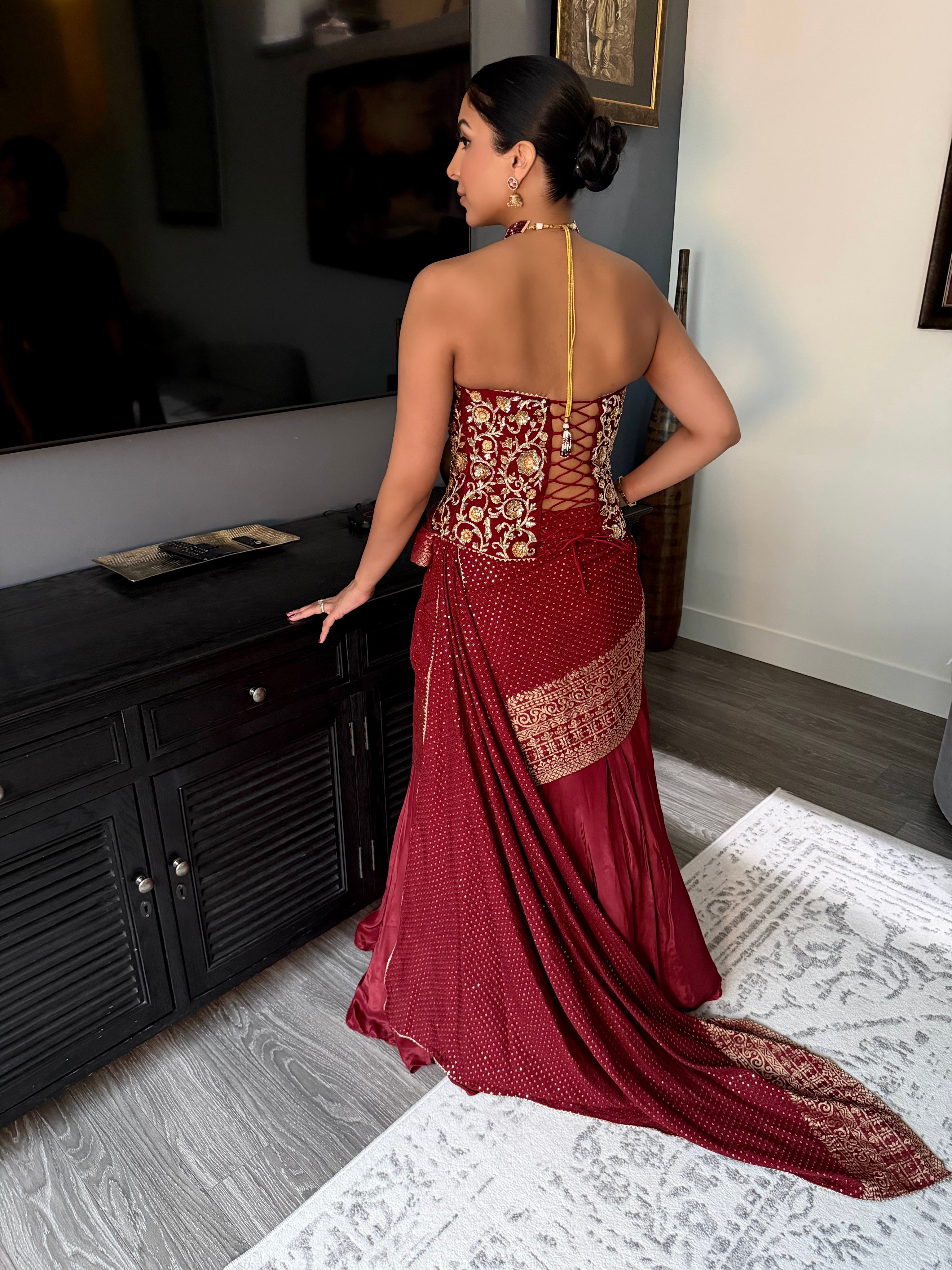 Zarmina | Maroon Layered Lengha