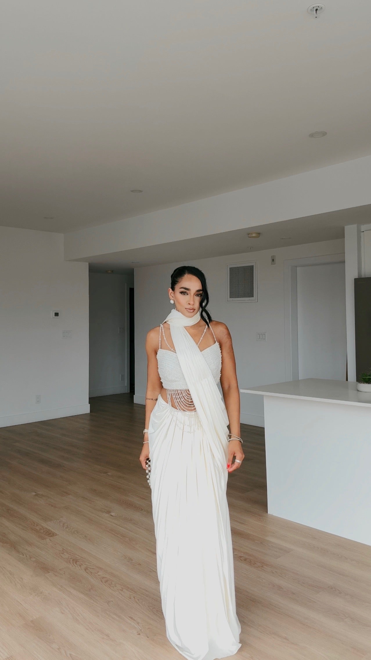 Moonlit Fringe | White Pre-Pleated Saree