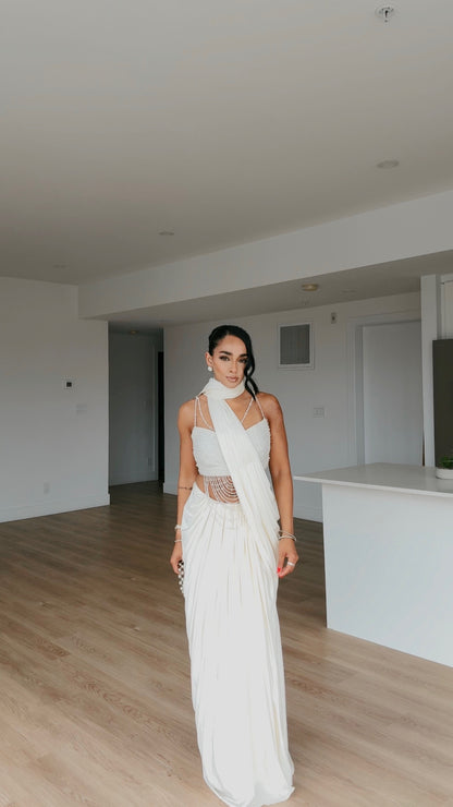 Moonlit Fringe | White Pre-Pleated Saree
