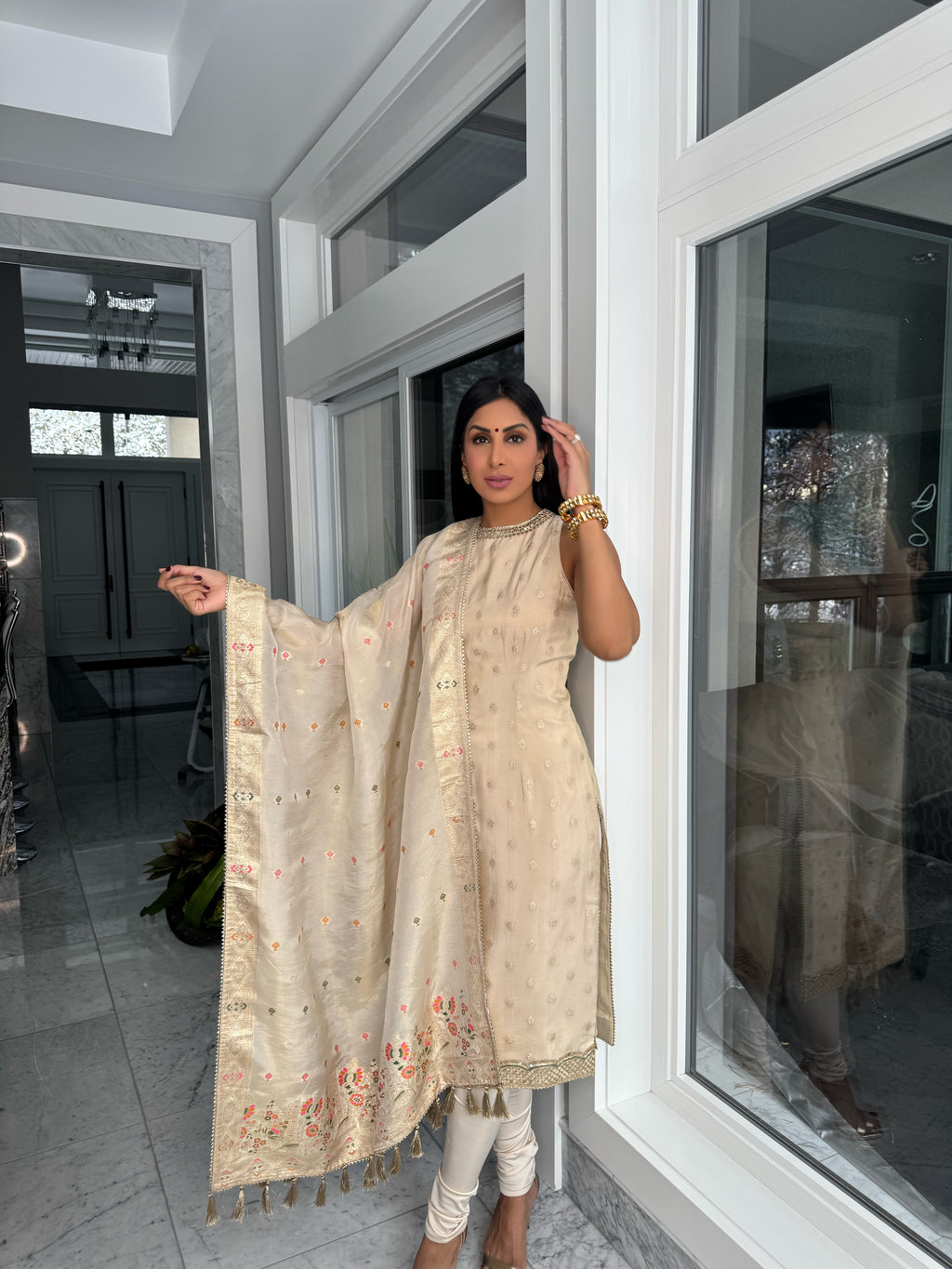 Gurnaz | Cream Pajami Suit