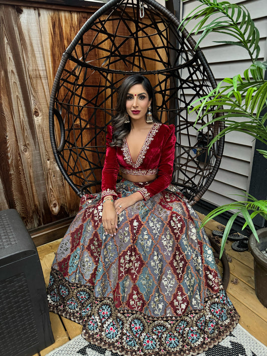 Bajiro | Burgundy Printed Lengha