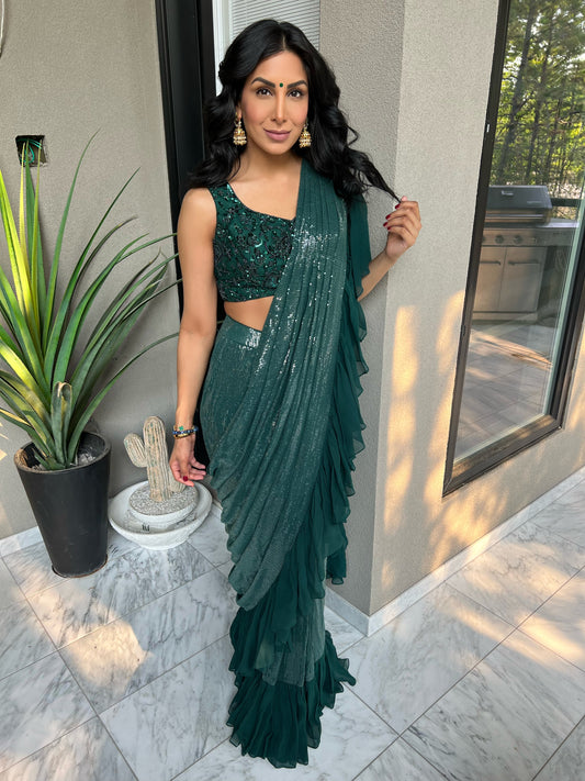 Ivy | Emerald Embroidered Pre-Pleated Saree