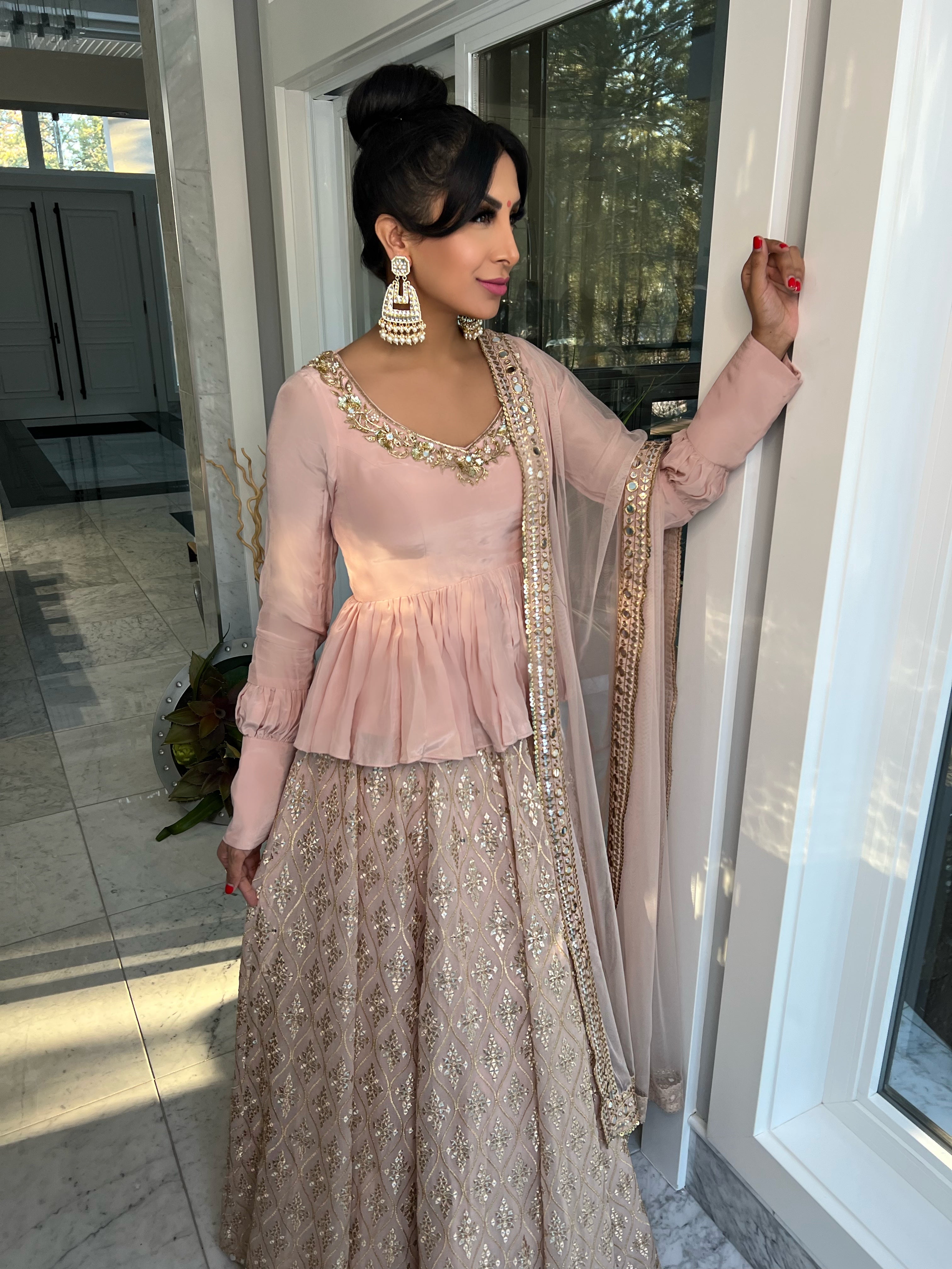 Payal | Pink Peplum Blouse with Lehenga Set – Raji Khaira Official