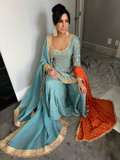 Krishna | Blue Embroidered Sharara Set