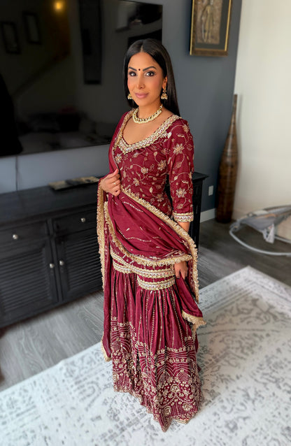 Zora | Burgundy Heavy Embroidered Sharara