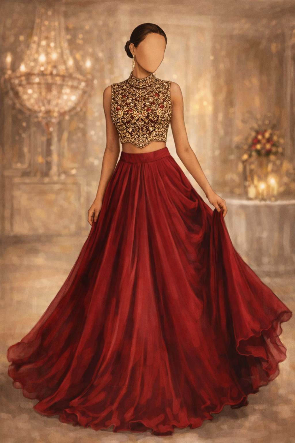 Elara | Red Embroidered Lengha