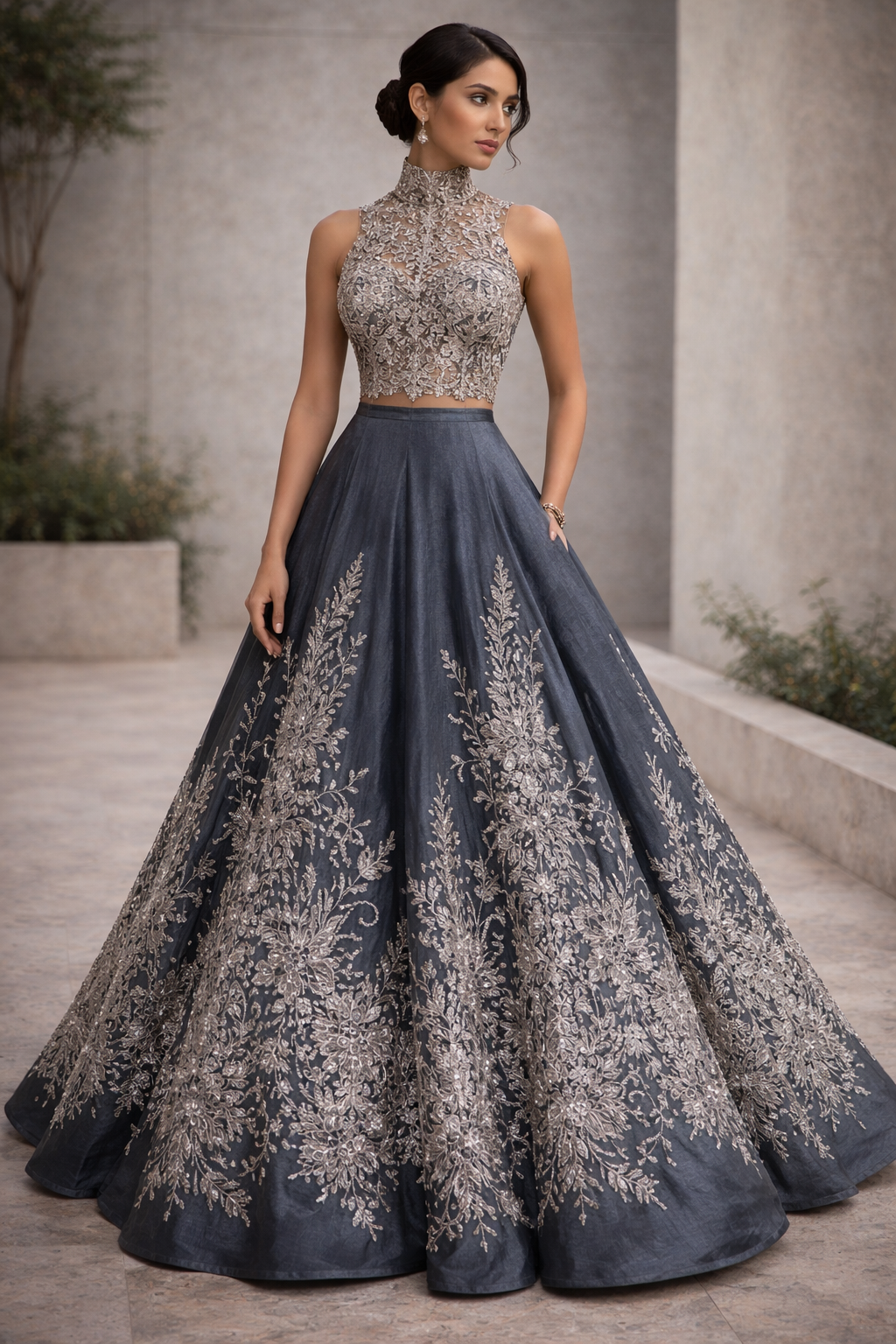 Aurelia | High Neck Embroidered Lengha