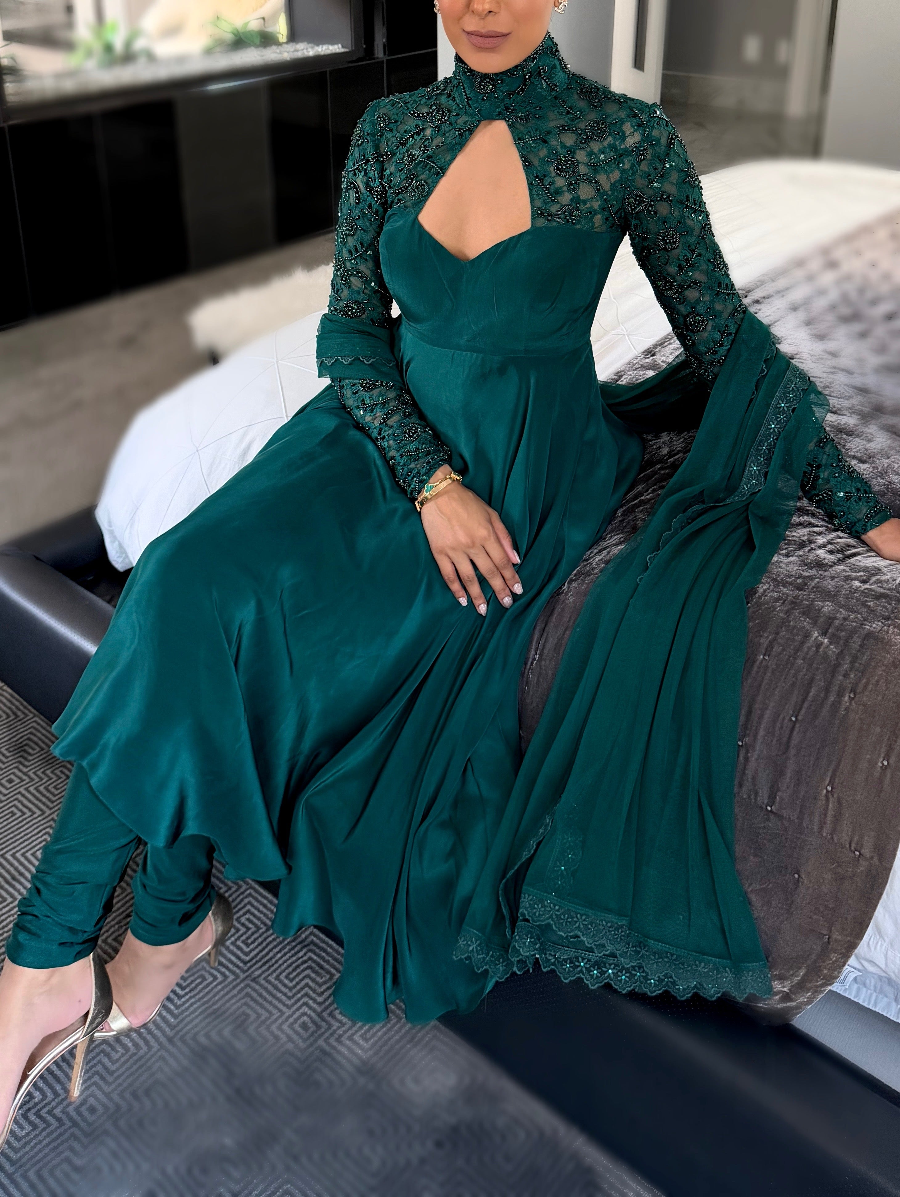 Allure | Emerald Green High Neck Anarkali