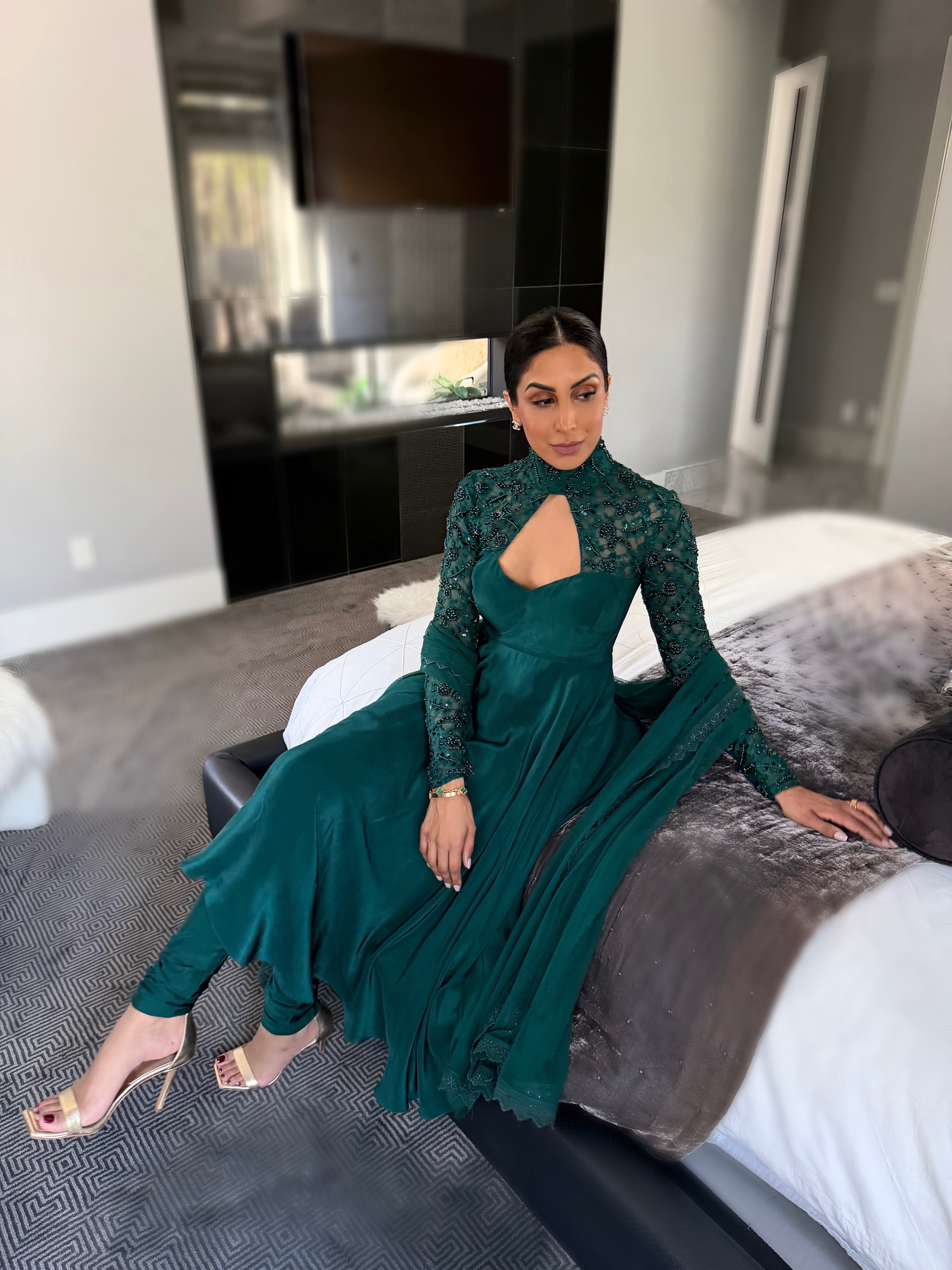 Allure | Emerald Green High Neck Anarkali