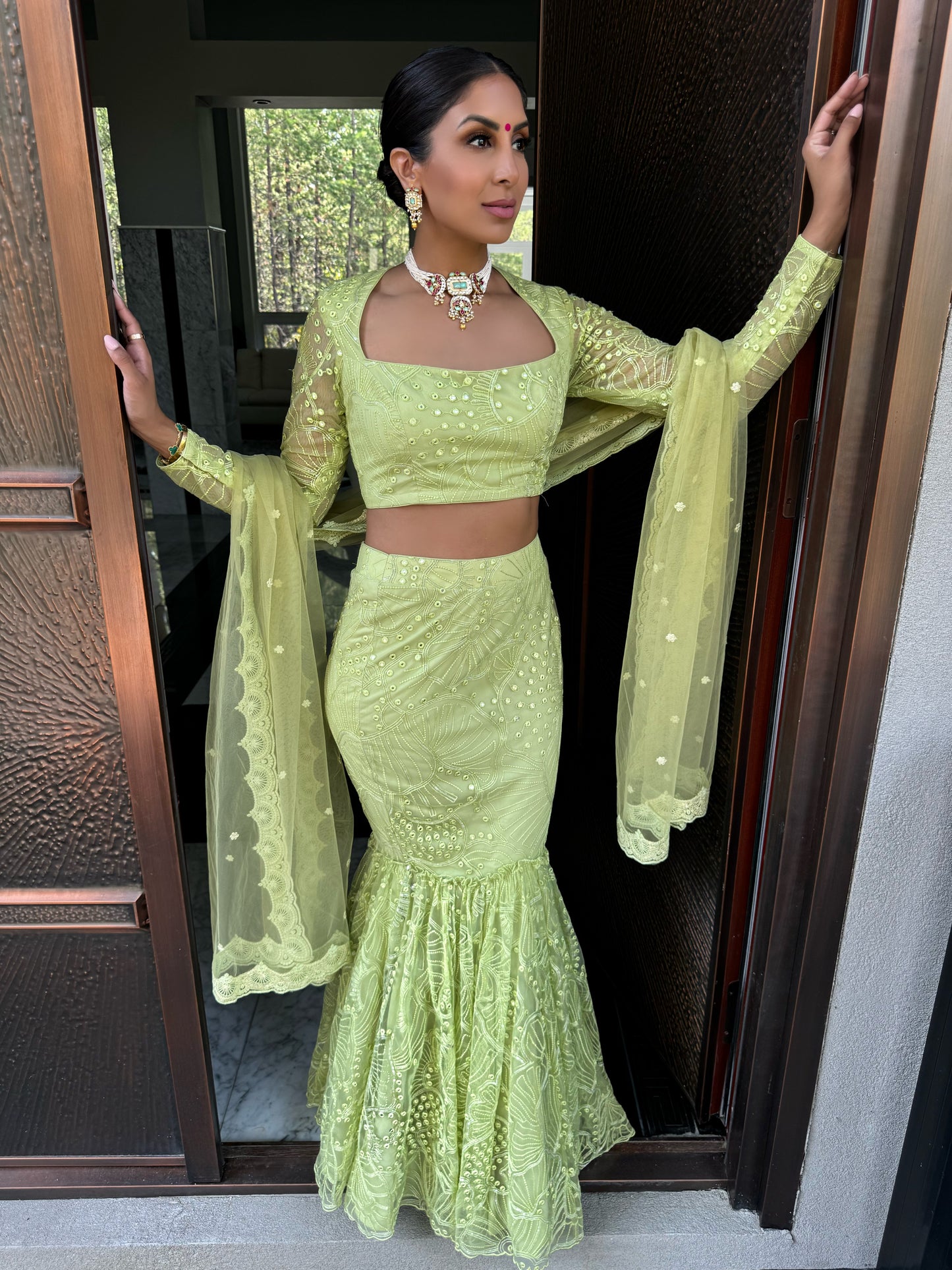 Clara | Green Fishtail Lengha