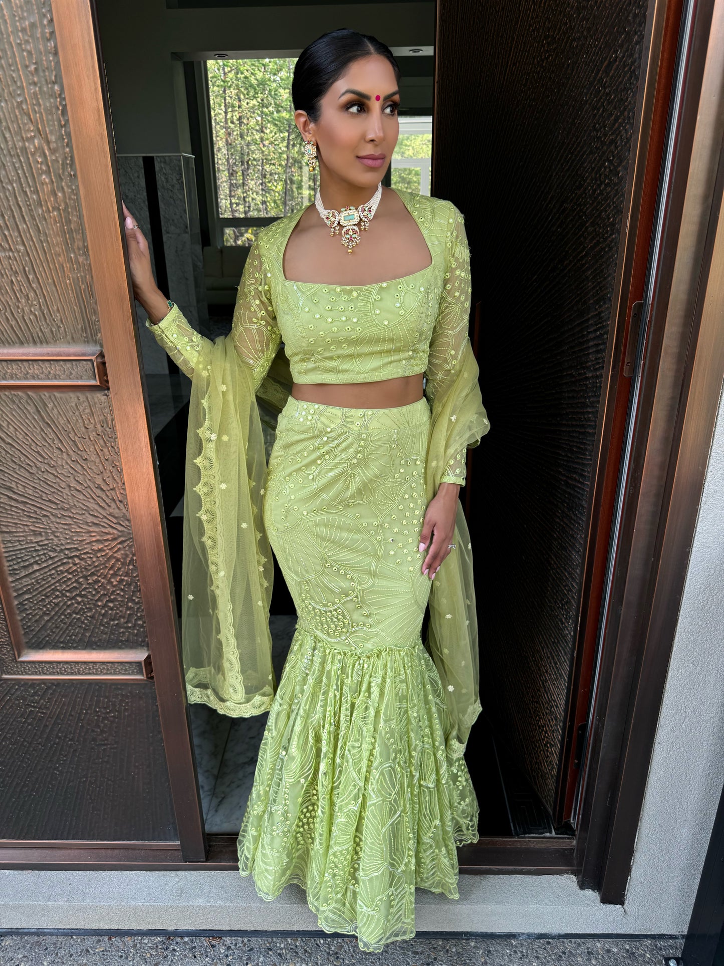 Clara | Green Fishtail Lengha