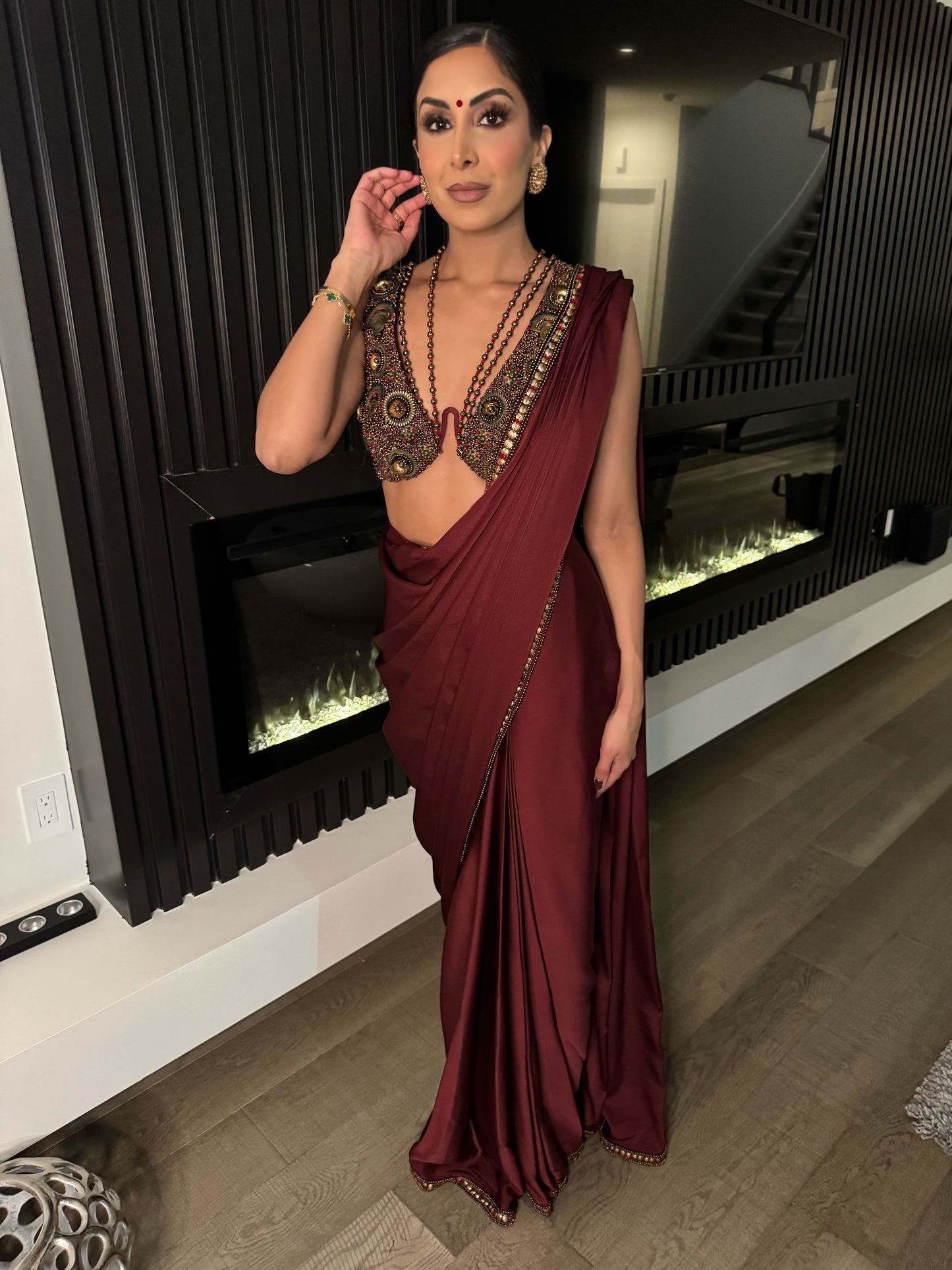 Sultana | Burgundy Pre-Pleated Saree