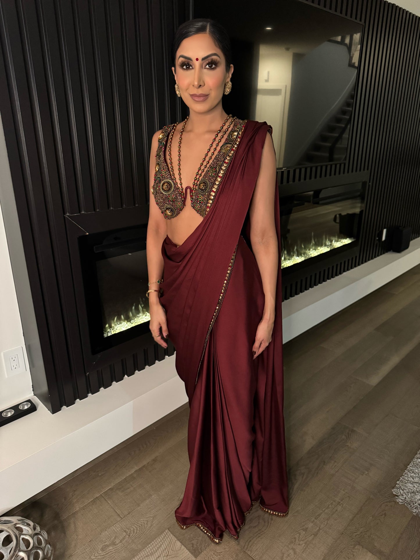 Sultana | Burgundy Pre-Pleated Saree