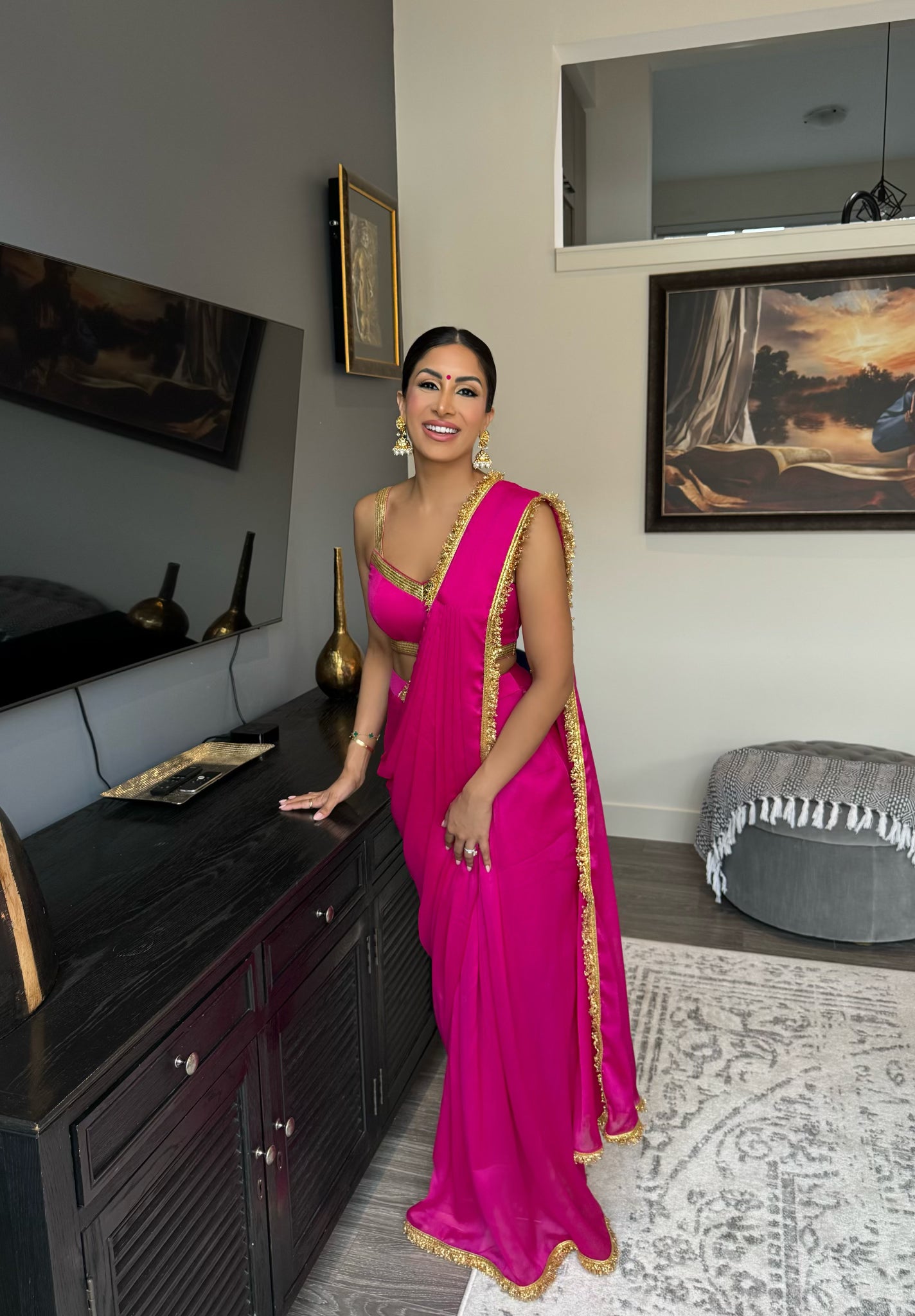 saree dress pink Pink Heavy Work Georgette Gown with Dupatta