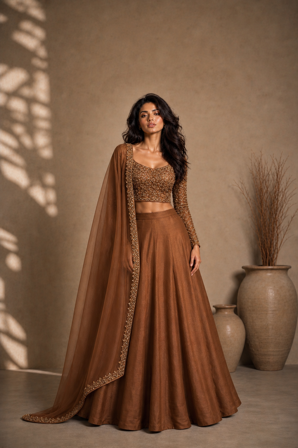 Brown Embroidered Lehenga