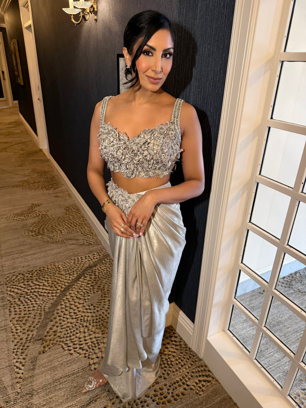 Lustre | Silver Draped Skirt & Crop Top Set