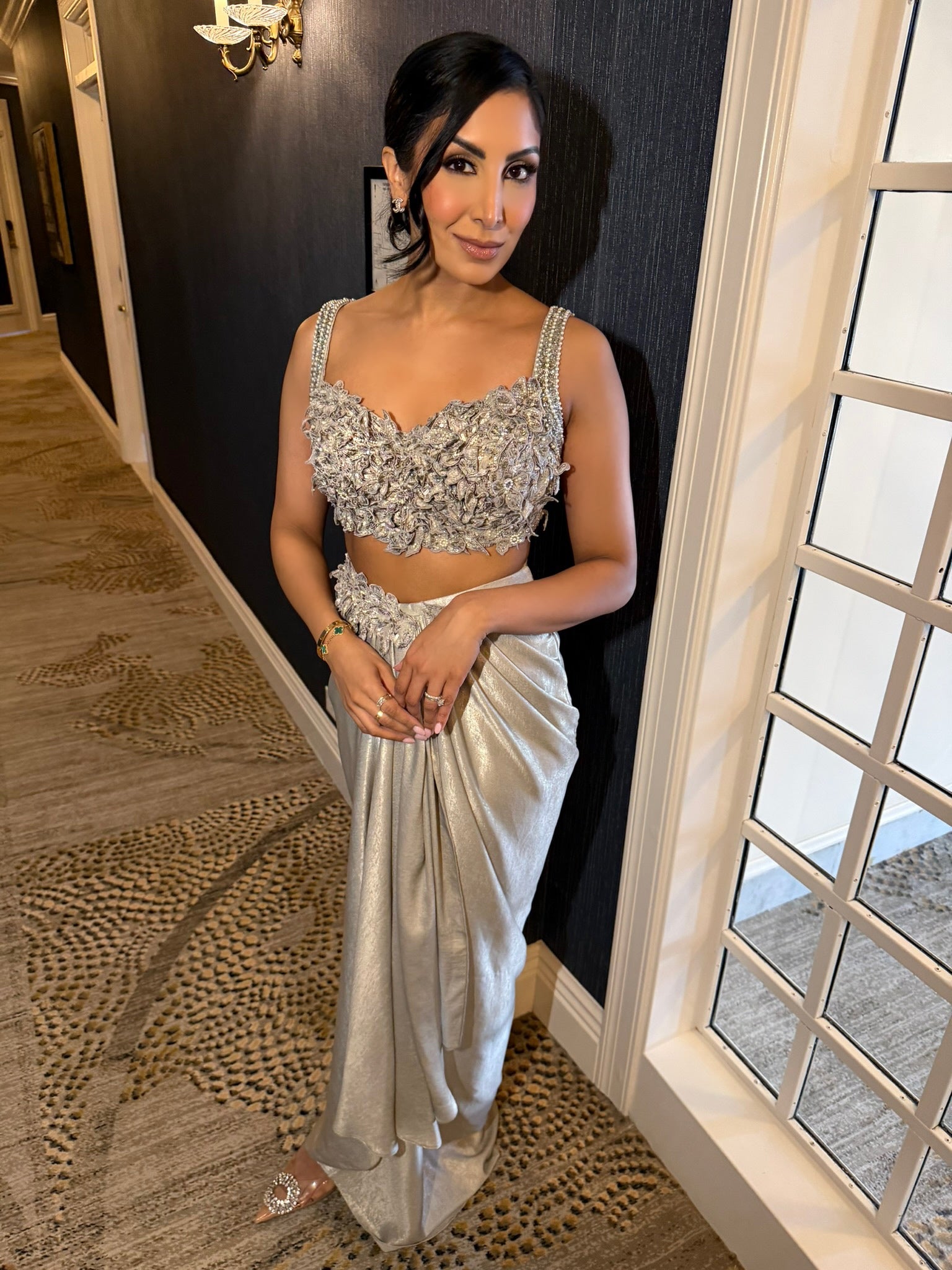 Lustre | Silver Draped Skirt & Crop Top Set