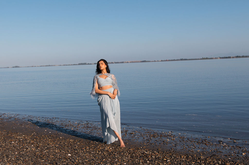 Sky | Light Blue Lehenga Set with Cape