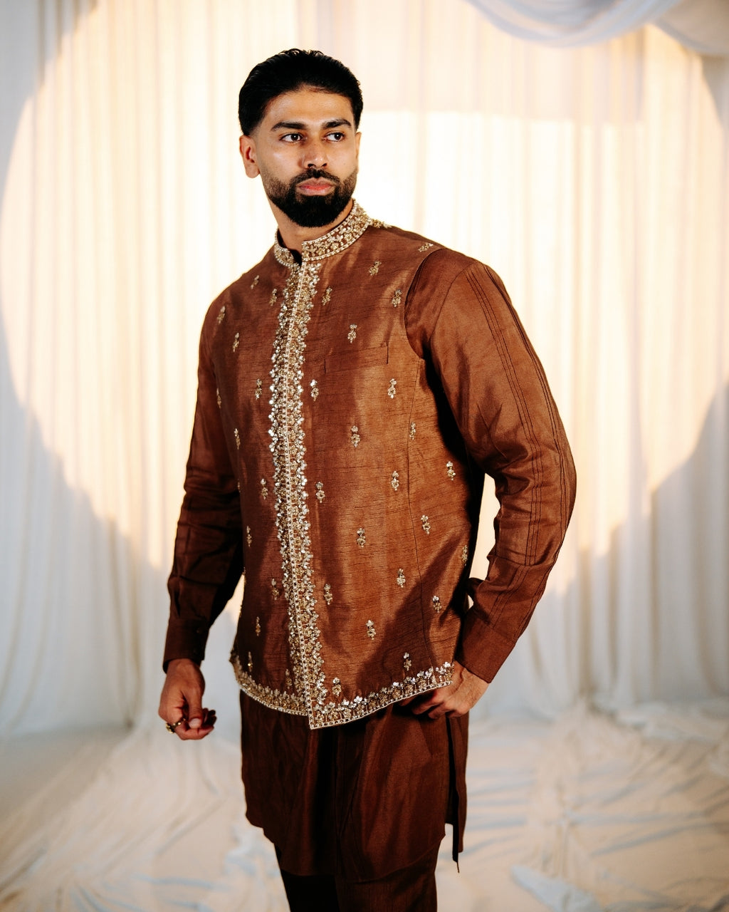 Brown Kurta Set | Embroidered Vest