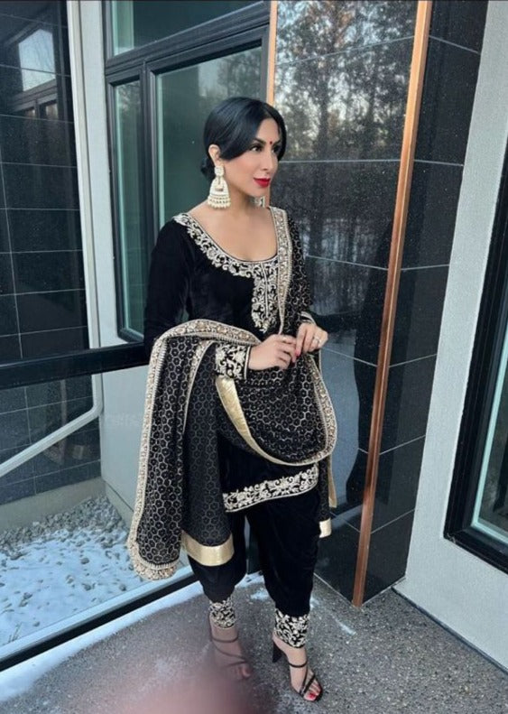 Raven | Black Velvet Kameez and Dhoti Salwar Set
